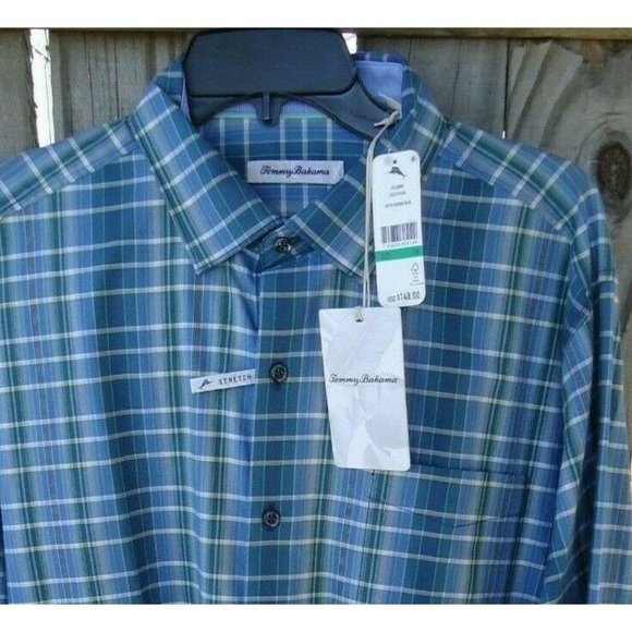 NWT M Tommy Bahama Lazlo Plaid Bering Blue Green White Button Front Shirt $148